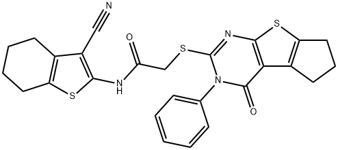 N-(3-cyano-4,5,6,7-tetrahydro-1-benzothien-2-yl)-2-[(4-oxo-3-phenyl-3,5,6,7-tetrahydro-4H-cyclopenta[4,5]thieno[2,3-d]pyrimidin-2-yl)sulfanyl]acetamide Struktur