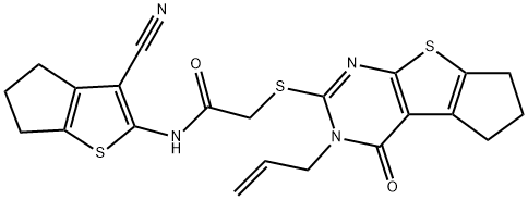 2-[(3-allyl-4-oxo-3,5,6,7-tetrahydro-4H-cyclopenta[4,5]thieno[2,3-d]pyrimidin-2-yl)sulfanyl]-N-(3-cyano-5,6-dihydro-4H-cyclopenta[b]thien-2-yl)acetamide Struktur