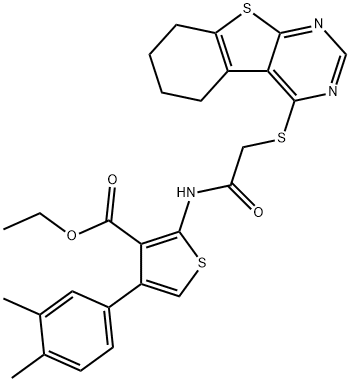 ethyl 4-(3,4-dimethylphenyl)-2-{[(5,6,7,8-tetrahydro[1]benzothieno[2,3-d]pyrimidin-4-ylsulfanyl)acetyl]amino}-3-thiophenecarboxylate Struktur