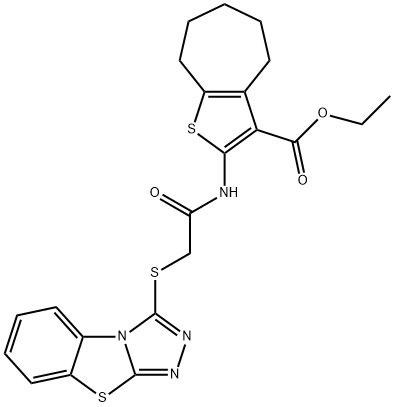 ethyl 2-{[([1,2,4]triazolo[3,4-b][1,3]benzothiazol-3-ylsulfanyl)acetyl]amino}-5,6,7,8-tetrahydro-4H-cyclohepta[b]thiophene-3-carboxylate Struktur