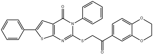 2-{[2-(2,3-dihydro-1,4-benzodioxin-6-yl)-2-oxoethyl]sulfanyl}-3,6-diphenylthieno[2,3-d]pyrimidin-4(3H)-one Struktur