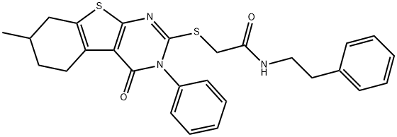 2-[(7-methyl-4-oxo-3-phenyl-3,4,5,6,7,8-hexahydro[1]benzothieno[2,3-d]pyrimidin-2-yl)sulfanyl]-N-(2-phenylethyl)acetamide Struktur