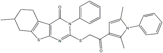 2-{[2-(2,5-dimethyl-1-phenyl-1H-pyrrol-3-yl)-2-oxoethyl]sulfanyl}-7-methyl-3-phenyl-5,6,7,8-tetrahydro[1]benzothieno[2,3-d]pyrimidin-4(3H)-one Struktur