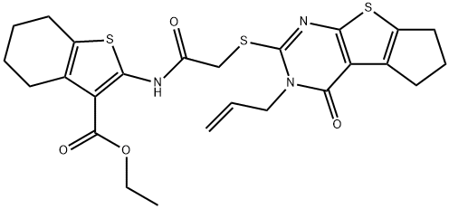 ethyl 2-({[(3-allyl-4-oxo-3,5,6,7-tetrahydro-4H-cyclopenta[4,5]thieno[2,3-d]pyrimidin-2-yl)sulfanyl]acetyl}amino)-4,5,6,7-tetrahydro-1-benzothiophene-3-carboxylate Struktur