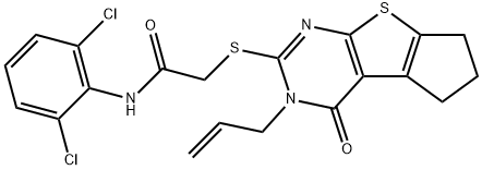 2-[(3-allyl-4-oxo-3,5,6,7-tetrahydro-4H-cyclopenta[4,5]thieno[2,3-d]pyrimidin-2-yl)sulfanyl]-N-(2,6-dichlorophenyl)acetamide Struktur