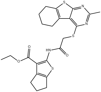 ethyl 2-({[(2-methyl-5,6,7,8-tetrahydro[1]benzothieno[2,3-d]pyrimidin-4-yl)sulfanyl]acetyl}amino)-5,6-dihydro-4H-cyclopenta[b]thiophene-3-carboxylate Struktur