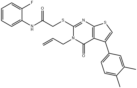 2-{[3-allyl-5-(3,4-dimethylphenyl)-4-oxo-3,4-dihydrothieno[2,3-d]pyrimidin-2-yl]sulfanyl}-N-(2-fluorophenyl)acetamide Struktur