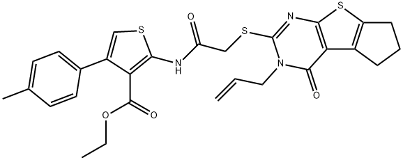 ethyl 2-({[(3-allyl-4-oxo-3,5,6,7-tetrahydro-4H-cyclopenta[4,5]thieno[2,3-d]pyrimidin-2-yl)sulfanyl]acetyl}amino)-4-(4-methylphenyl)-3-thiophenecarboxylate Struktur