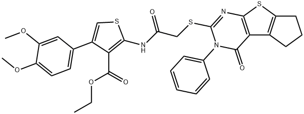 ethyl 4-(3,4-dimethoxyphenyl)-2-({[(4-oxo-3-phenyl-3,5,6,7-tetrahydro-4H-cyclopenta[4,5]thieno[2,3-d]pyrimidin-2-yl)sulfanyl]acetyl}amino)-3-thiophenecarboxylate Struktur