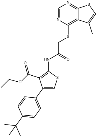 ethyl 4-(4-tert-butylphenyl)-2-({[(5,6-dimethylthieno[2,3-d]pyrimidin-4-yl)sulfanyl]acetyl}amino)-3-thiophenecarboxylate Struktur