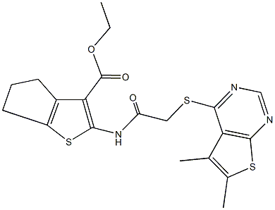 ethyl 2-({[(5,6-dimethylthieno[2,3-d]pyrimidin-4-yl)sulfanyl]acetyl}amino)-5,6-dihydro-4H-cyclopenta[b]thiophene-3-carboxylate Struktur