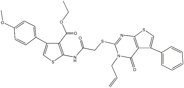 ethyl 2-({[(3-allyl-4-oxo-5-phenyl-3,4-dihydrothieno[2,3-d]pyrimidin-2-yl)sulfanyl]acetyl}amino)-4-(4-methoxyphenyl)-3-thiophenecarboxylate Struktur