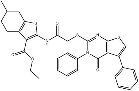 ethyl 6-methyl-2-({[(4-oxo-3,5-diphenyl-3,4-dihydrothieno[2,3-d]pyrimidin-2-yl)sulfanyl]acetyl}amino)-4,5,6,7-tetrahydro-1-benzothiophene-3-carboxylate Struktur