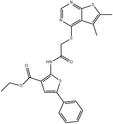 ethyl 2-({[(5,6-dimethylthieno[2,3-d]pyrimidin-4-yl)sulfanyl]acetyl}amino)-5-phenyl-3-thiophenecarboxylate Struktur