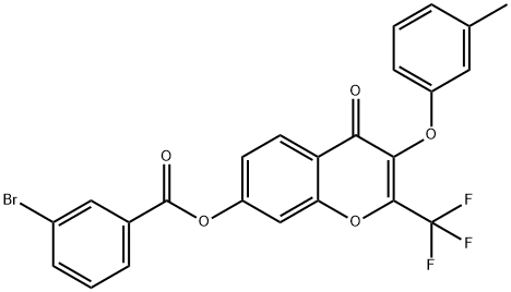 3-(3-methylphenoxy)-4-oxo-2-(trifluoromethyl)-4H-chromen-7-yl 3-bromobenzoate Struktur