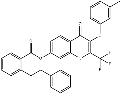 3-(3-methylphenoxy)-4-oxo-2-(trifluoromethyl)-4H-chromen-7-yl 2-(2-phenylethyl)benzoate Struktur