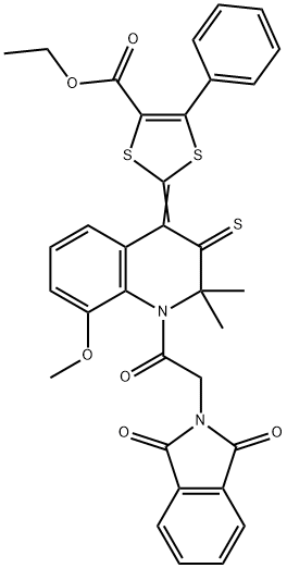 ethyl 2-(1-[(1,3-dioxo-1,3-dihydro-2H-isoindol-2-yl)acetyl]-8-methoxy-2,2-dimethyl-3-thioxo-2,3-dihydro-4(1H)-quinolinylidene)-5-phenyl-1,3-dithiole-4-carboxylate Struktur