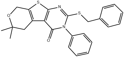 2-(benzylsulfanyl)-6,6-dimethyl-3-phenyl-3,5,6,8-tetrahydro-4H-pyrano[4',3':4,5]thieno[2,3-d]pyrimidin-4-one Struktur