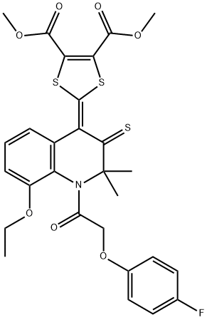 dimethyl 2-(8-ethoxy-1-[(4-fluorophenoxy)acetyl]-2,2-dimethyl-3-thioxo-2,3-dihydro-4(1H)-quinolinylidene)-1,3-dithiole-4,5-dicarboxylate Struktur