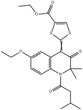 ethyl 2-(6-ethoxy-2,2-dimethyl-1-(3-methylbutanoyl)-3-thioxo-2,3-dihydro-4(1H)-quinolinylidene)-1,3-dithiole-4-carboxylate Struktur