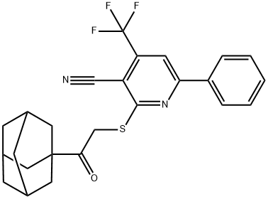 2-{[2-(1-adamantyl)-2-oxoethyl]sulfanyl}-6-phenyl-4-(trifluoromethyl)nicotinonitrile Struktur