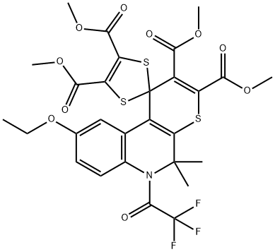 tetramethyl 9'-ethoxy-5',5'-dimethyl-6'-(trifluoroacetyl)-5',6'-dihydrospiro[1,3-dithiole-2,1'-(1'H)-thiopyrano[2,3-c]quinoline]-2',3',4,5-tetracarboxylate Struktur