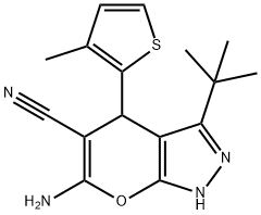 6-amino-3-tert-butyl-4-(3-methyl-2-thienyl)-1,4-dihydropyrano[2,3-c]pyrazole-5-carbonitrile Struktur