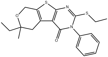 6-ethyl-2-(ethylsulfanyl)-6-methyl-3-phenyl-3,5,6,8-tetrahydro-4H-pyrano[4',3':4,5]thieno[2,3-d]pyrimidin-4-one Struktur