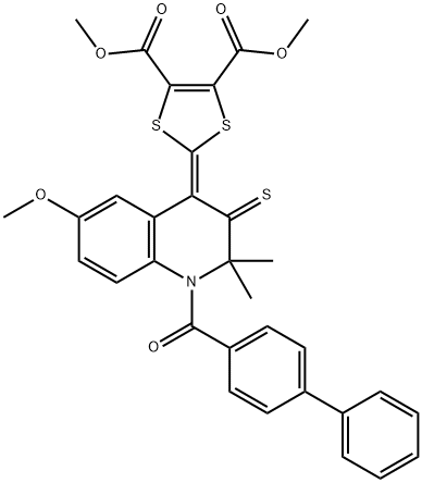 dimethyl 2-(1-([1,1'-biphenyl]-4-ylcarbonyl)-6-methoxy-2,2-dimethyl-3-thioxo-2,3-dihydro-4(1H)-quinolinylidene)-1,3-dithiole-4,5-dicarboxylate Struktur