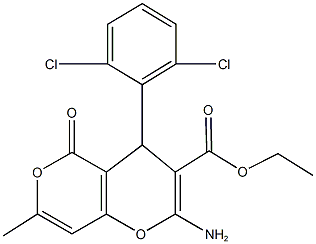 ethyl 2-amino-4-(2,6-dichlorophenyl)-7-methyl-5-oxo-4H,5H-pyrano[4,3-b]pyran-3-carboxylate Struktur