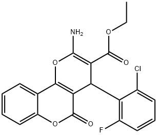 ethyl 2-amino-4-(2-chloro-6-fluorophenyl)-5-oxo-4H,5H-pyrano[3,2-c]chromene-3-carboxylate Struktur