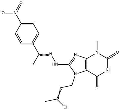 7-(3-chloro-2-butenyl)-8-[2-(1-{4-nitrophenyl}ethylidene)hydrazino]-3-methyl-3,7-dihydro-1H-purine-2,6-dione Struktur