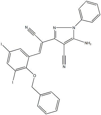 5-amino-3-{2-[2-(benzyloxy)-3,5-diiodophenyl]-1-cyanovinyl}-1-phenyl-1H-pyrazole-4-carbonitrile Struktur