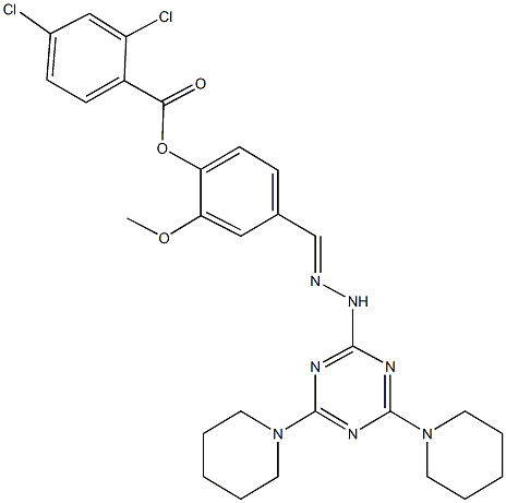 4-{2-[4,6-di(1-piperidinyl)-1,3,5-triazin-2-yl]carbohydrazonoyl}-2-methoxyphenyl 2,4-dichlorobenzoate Struktur