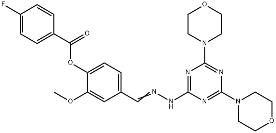 4-{2-[4,6-di(4-morpholinyl)-1,3,5-triazin-2-yl]carbohydrazonoyl}-2-methoxyphenyl 4-fluorobenzoate Struktur