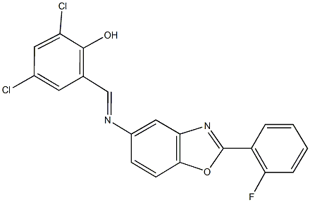 2,4-dichloro-6-({[2-(2-fluorophenyl)-1,3-benzoxazol-5-yl]imino}methyl)phenol Struktur