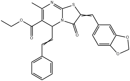 ethyl 2-(1,3-benzodioxol-5-ylmethylene)-7-methyl-3-oxo-5-(2-phenylvinyl)-2,3-dihydro-5H-[1,3]thiazolo[3,2-a]pyrimidine-6-carboxylate Struktur