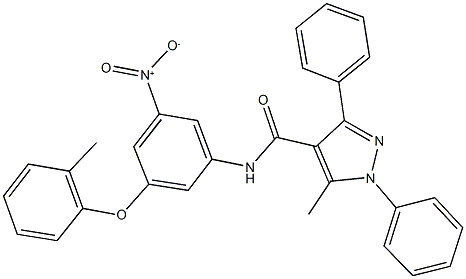 N-[3-nitro-5-(2-methylphenoxy)phenyl]-5-methyl-1,3-diphenyl-1H-pyrazole-4-carboxamide Struktur