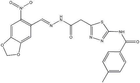 N-(5-{2-[2-({6-nitro-1,3-benzodioxol-5-yl}methylene)hydrazino]-2-oxoethyl}-1,3,4-thiadiazol-2-yl)-4-methylbenzamide Struktur