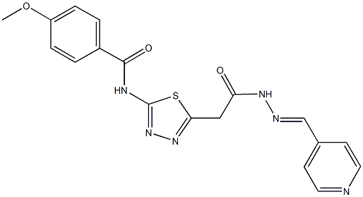 4-methoxy-N-(5-{2-oxo-2-[2-(4-pyridinylmethylene)hydrazino]ethyl}-1,3,4-thiadiazol-2-yl)benzamide Struktur