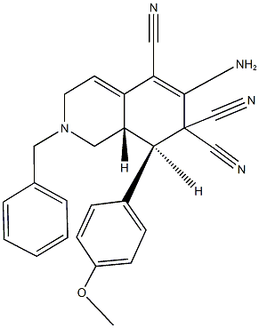 6-amino-2-benzyl-8-(4-methoxyphenyl)-2,3,8,8a-tetrahydro-5,7,7(1H)-isoquinolinetricarbonitrile Struktur