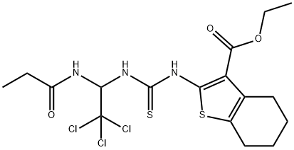 ethyl 2-[({[2,2,2-trichloro-1-(propionylamino)ethyl]amino}carbothioyl)amino]-4,5,6,7-tetrahydro-1-benzothiophene-3-carboxylate Struktur