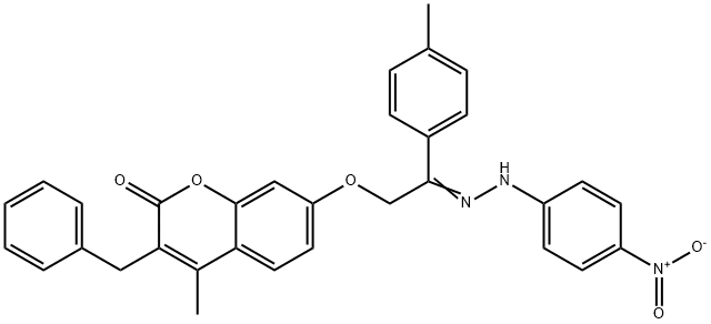 3-benzyl-7-[2-({4-nitrophenyl}hydrazono)-2-(4-methylphenyl)ethoxy]-4-methyl-2H-chromen-2-one Struktur