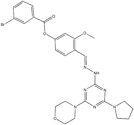 3-methoxy-4-{2-[4-(4-morpholinyl)-6-(1-pyrrolidinyl)-1,3,5-triazin-2-yl]carbohydrazonoyl}phenyl 3-bromobenzoate Struktur