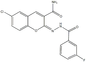 6-chloro-2-[(3-fluorobenzoyl)hydrazono]-2H-chromene-3-carboxamide Struktur