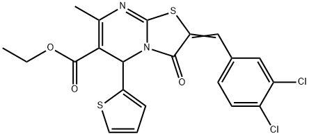 ethyl 2-(3,4-dichlorobenzylidene)-7-methyl-3-oxo-5-(2-thienyl)-2,3-dihydro-5H-[1,3]thiazolo[3,2-a]pyrimidine-6-carboxylate Struktur