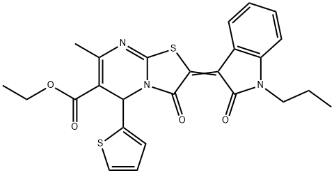 ethyl 7-methyl-3-oxo-2-(2-oxo-1-propyl-1,2-dihydro-3H-indol-3-ylidene)-5-(2-thienyl)-2,3-dihydro-5H-[1,3]thiazolo[3,2-a]pyrimidine-6-carboxylate Struktur