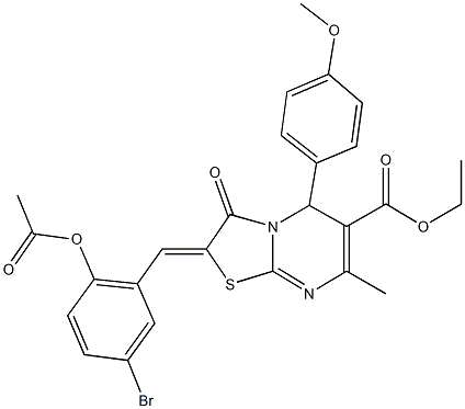 ethyl 2-[2-(acetyloxy)-5-bromobenzylidene]-5-(4-methoxyphenyl)-7-methyl-3-oxo-2,3-dihydro-5H-[1,3]thiazolo[3,2-a]pyrimidine-6-carboxylate Struktur