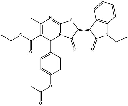 ethyl 5-[4-(acetyloxy)phenyl]-2-(1-ethyl-2-oxo-1,2-dihydro-3H-indol-3-ylidene)-7-methyl-3-oxo-2,3-dihydro-5H-[1,3]thiazolo[3,2-a]pyrimidine-6-carboxylate Struktur