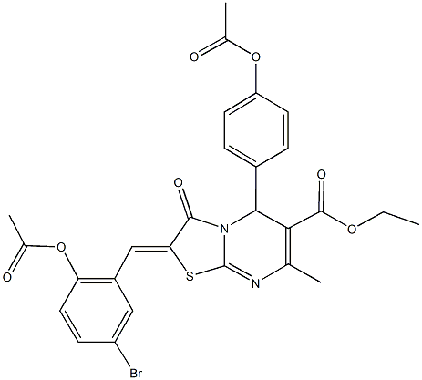 ethyl 2-[2-(acetyloxy)-5-bromobenzylidene]-5-[4-(acetyloxy)phenyl]-7-methyl-3-oxo-2,3-dihydro-5H-[1,3]thiazolo[3,2-a]pyrimidine-6-carboxylate Struktur